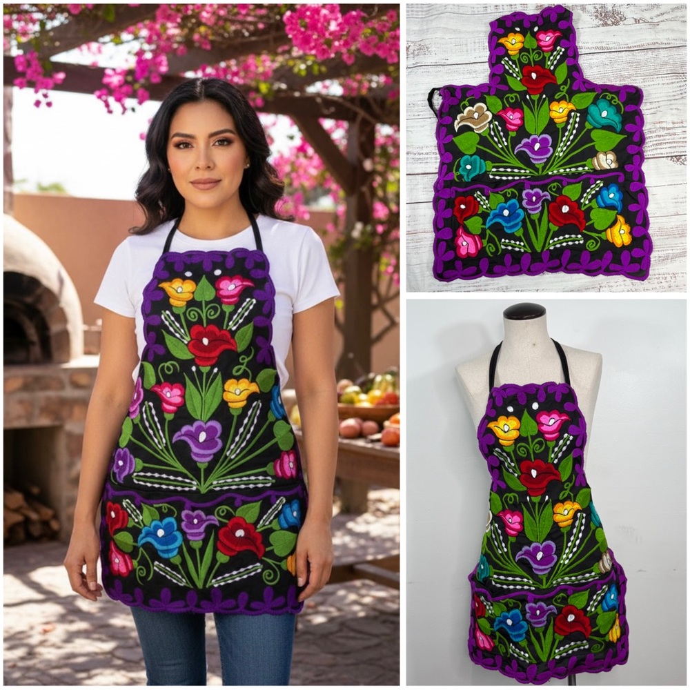 Mexican Embroidered Calla Lily Colorful Floral Zinacantan Artisan Apron